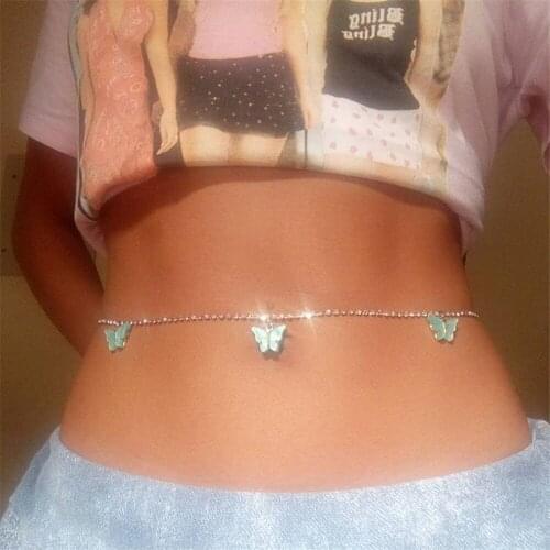 Acrylic Blue Butterfly Bling Rhinestone Tennis Waist Chain Belt Body Jewelry for Women Luxury Crystal Charm Bikini Belly Chain