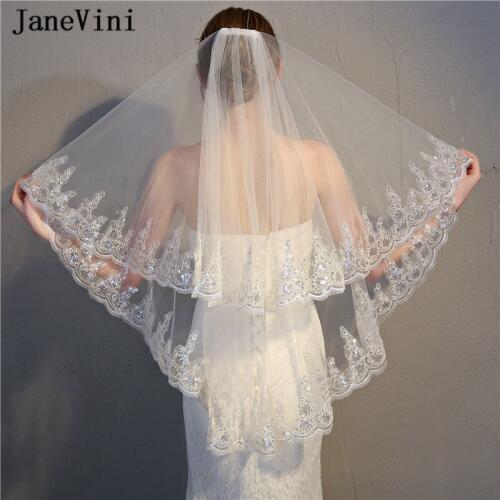 JaneVini Elegant Two Layer Wedding Veil Ivory/White Short Sequins Appliques Edge Tulle Bridal Veil with Comb Wedding Accessories