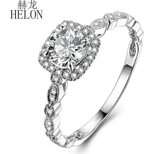 HELON 6mm Moissanite Ring Real 14k White Gold Engagement Wedding Women Vintage Fine Jewelry VVS/DEF Color Lab Grown Diamond Ring