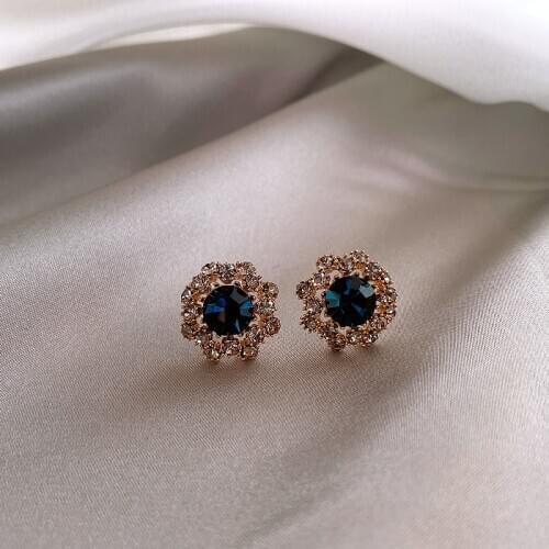 Korea Hot Selling Fashion Jewelry Simple Blue Crystal stud Earrings Elegant Women Flower Prom Party Earrings