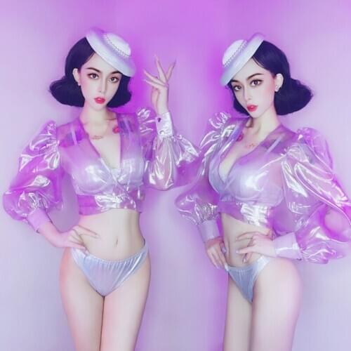 Bar Ds Performance Clothes Nightclub DJ Sexy Transparent Jacket Bikini Suit Pole Dancer Stage Costume Female Rave Wear DN6286