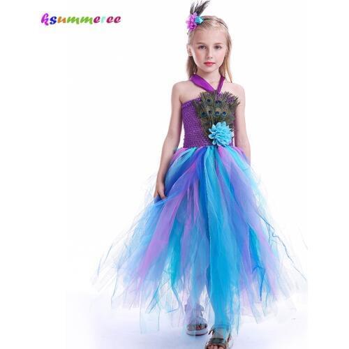 Pretty Peacock Feather Girls Flower Tutu Dress Wedding Birthday Party Halloween Purim Costume Kids Carnival Tutu Outfit