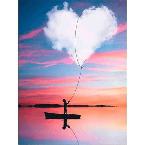 Beautiful Lake Scenery Diamond Painting Scenic Round Full Drill DIY Mosaic Embroidery 5D Cross Stitch Heart Shaped White Cloud