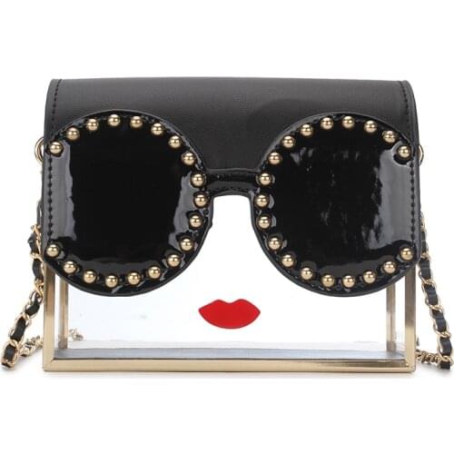 Fashion Transparency Acrylic Box Shape Red Lips Rivet Design Metal Crossbody Messenger Bag Women Handbags Chain Purse Flap Bolsa