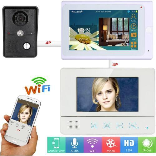 MOUNTAINONE 720P 7inch 2 Monitor Wired / Wireless Wifi IP Video Door Phone Doorbell Intercom for IOS Android Phone HD 1000TVL