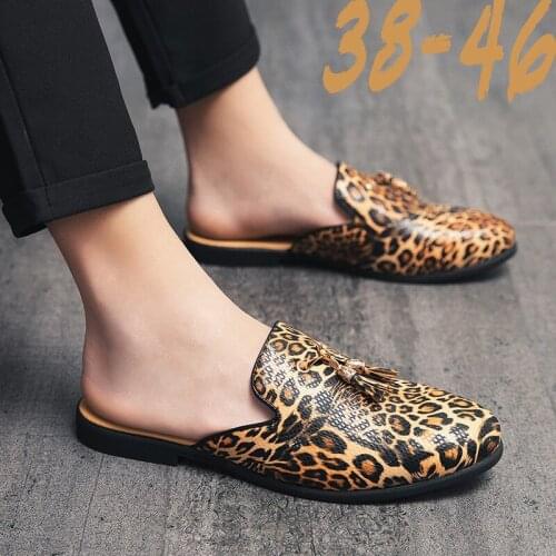 Casual Leather Moccasins Mens Mules Beach Half Shoes for Men Slip-on Slippers Size 46 Loafers Outdoor Driving Shoes Flat Leopard