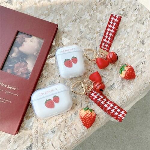 Cute Strawberry Pattern Clear TPU Soft Cover For Apple AirPods 1 2 Pro 3 Bluetooth Earphone Case Cover Love Heart Key Ring Sweet