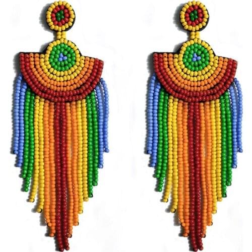 2021 new rainbow rice bead earrings Bohemian ethnic wind handmade woven rice bead fringed earrings female trend jewelry