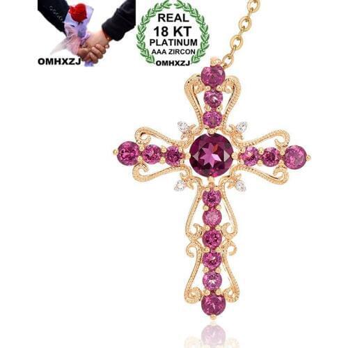 OMHXZJ Wholesale European Fashion Woman Girl Party Wedding Gift Cross Garnet Zircon 18KT Yellow Rose Gold Pendant Necklace NA115