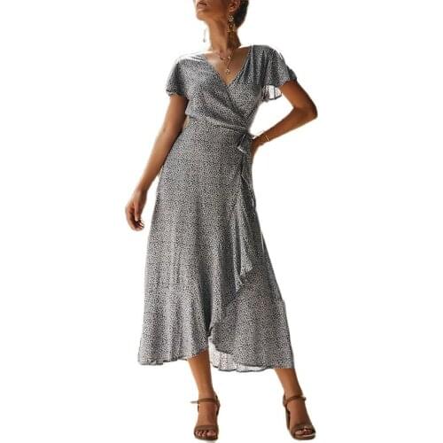 Fashion Dresses Beach Dresses Bohemian Wrap Floral Printed Cotton V Neck Short Sleeve Ethnic Style Tie Closure Maxi Dress