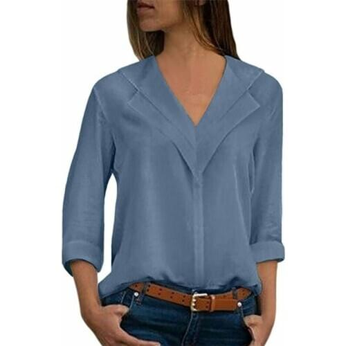 Long Sleeve Chiffon Double V Neck Women Tops And Blouses Solid Office Shirt