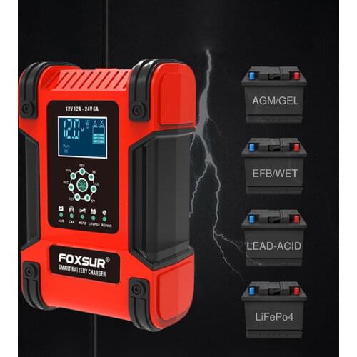 Universal 12V/24V 12A Car Battery Charger Large Power Battery Charger & Maintainer for SUV Truck Car AGM GEL WET Lithium LiFePO4