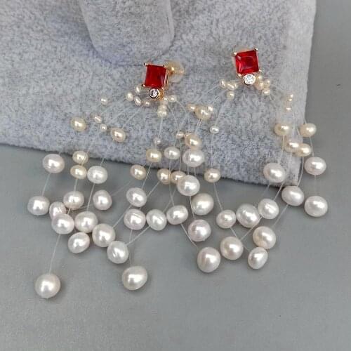 YYGEM Natural Cultured White Rice Pearl Red Cz Stud Earrings luxury style for women