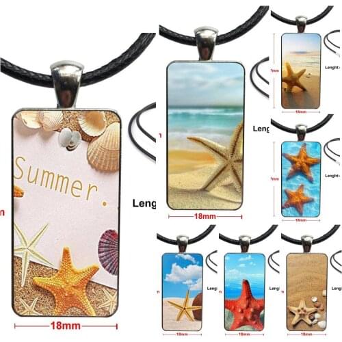 For Women Fashion Jewelry Ocean Beach Starfish Glass Pendant Necklace Handmade Half Pendant Rectangle Necklace