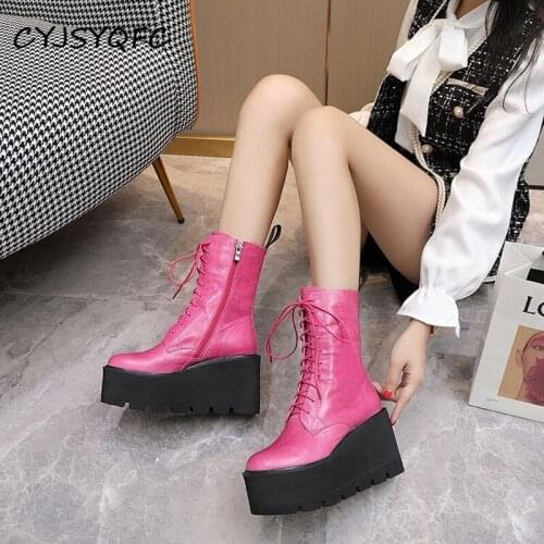 CYJSYQFC High Quality Genuine Leather Wedges Platform Women Ankle Boots Round Toe Lace Up Thick Bottom Ladies Plush Velvet Boots