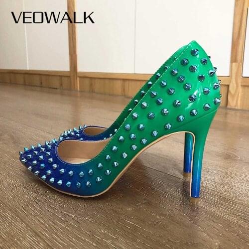 Veowalk Women Green Blue Gradient Patent High Heelswith Spikes Sexy Ladies Pointed Toe Stilettos Pumps Chic Slip-on Party Shoes