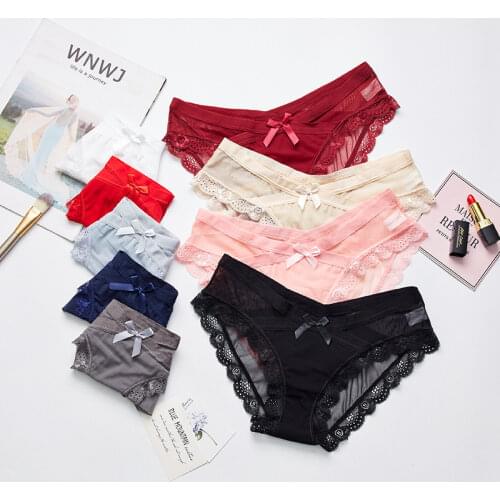5 Pcs/set Womens Sexy Panties Transparent Mesh Breathable Briefs Underwear Low-Rise Bow Floral Panty for Lady Girl Dropshipping