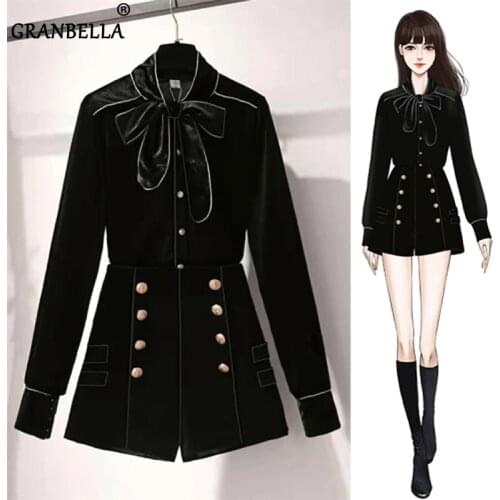 British Style Bow Black Blouse +Short 2 Piece Set Outfits For Women Spring Velvet Slim Top With Double Breasted Shorts Suit