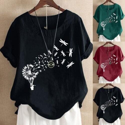 SAGACE Summer womens Dandelion print top womens round neck cotton hemp short sleeve dress 2021 new hot fashion футболка