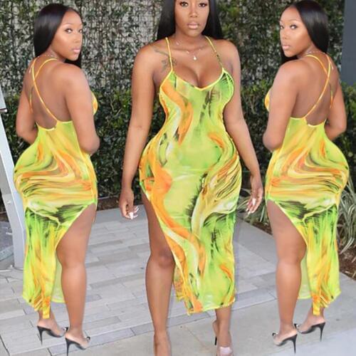 Straps Printed Irregular Mid Dress Women 's Sexy Sleeveless Spaghetti Strap Sexy & Club Polyester Spring Sheath V-Neck Natural