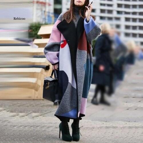 Autumn Winter Women Coat New Fashion Color Matching Lapel Printing Double Faced Tweed Overcoat for Women Wool Coats 3Xl