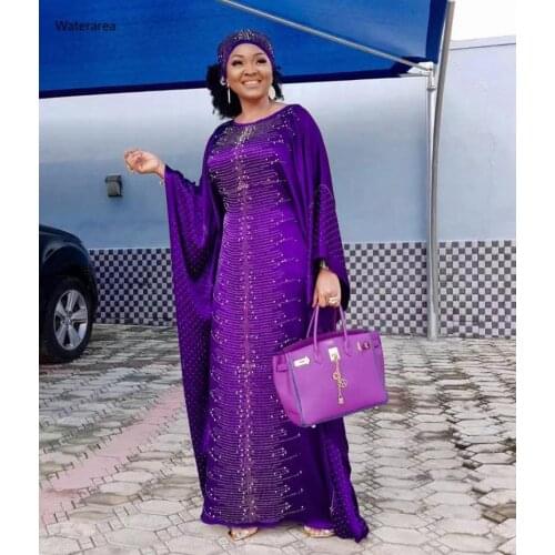 Womens Dress Pure Color Round Neck Long Bat-Sleeve Hot Diamond Silk Loose Floor-Length Casual Dress With Headscarf