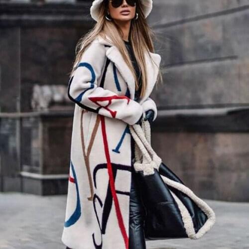Autumn Fashion Women Casual Blend Wool Long Overcoat Jacket Lady Print Lapel Cardigan Tops Winter Long Sleeve Loose Outwear Coat