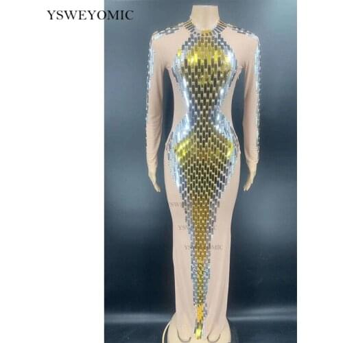 Women Party Dress Sparkly Silver Gold Sequin Rhinestone Evening Transparent Birthday Celebrate Outfit Women Dancer Club Dress