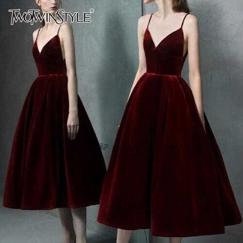 TWOTWINSTYLE Elegant Velvet Women Party Dress V Neck Spaghetti Strap High Waist Backless Sexy Dresses Female Fashion Clothes New