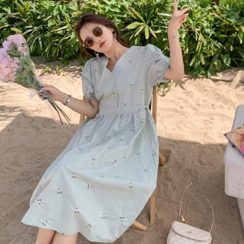 32680# Maternity Dress Summer Cotton Short Sleeves Midi Embroidery Dress Plus Size Pregnancy Dress Pregnant Women Mom Dress