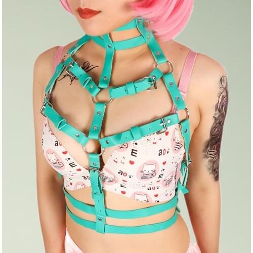 B.CYQZ Sexy Leather Harness Woman Green Gothic Sling Garter Chest Harness Top Punk Bondage Lingerie Neck to Waist Body Cage Belt