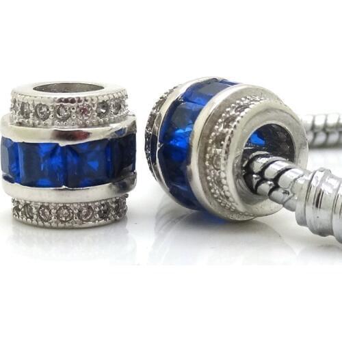 Free Shipping 2pc Silver Color Drum Shape Slide European Bead With Micro Pave Royal BlUE CZ BeadS FOR Pandora Bracelet Making