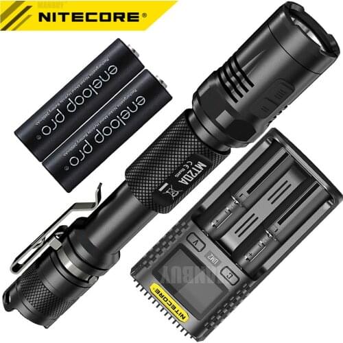 Free Shipping NITECORE MT20A Tactical Self Defense Flashlight White + Red 2xLEDs Light +UM2 Charger +2xAA Rechargeable Batteries