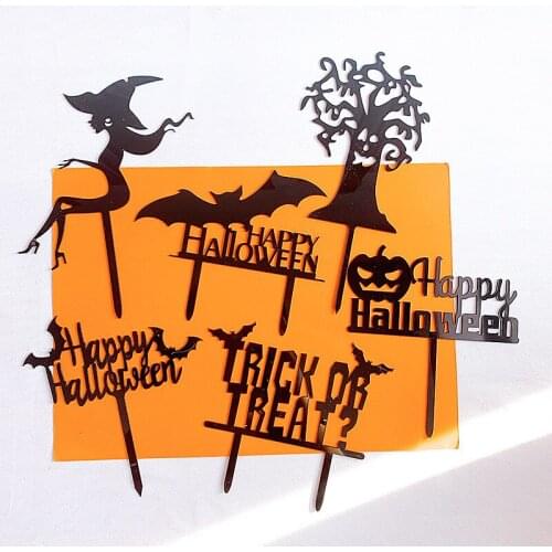 Black Acrylic Cake Topper Happy Halloween Pumpkin Bat Witch cake topper Halloween Trick or Treat Baking Party decorations