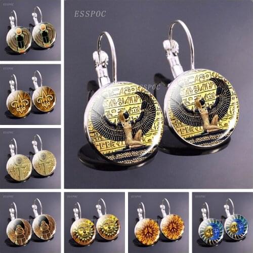 Egypt Anubis Scarab Goddess Hoop Earrings Retro Egyptian Ankh Cross Women Earring Glass Cabochon Jewelry Eardrop Earrings Gifts