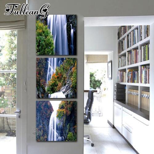 FULLCANG 3pcs diy diamond embroidery natural scenery waterfall triptych painting full square/round drill mosaic pattern FC1153