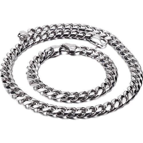 Punk Hip-Hop Mens jewelry set stainless steel cuban curb link chain necklace + bracelet set 13mm wide 24 inch+ 8.5 in Cool Gifts