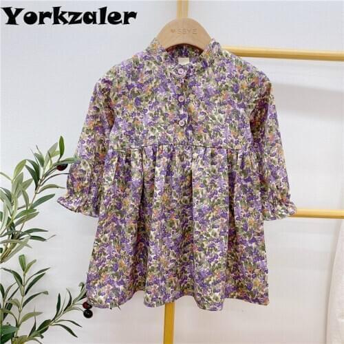 2020 Summer New Arrival Girls Fashion Floral Dress Kids Long Sleeve Dresses Elegant Purple Color Franch Style Dress