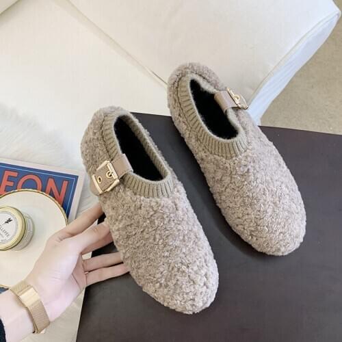 Fur Loafers Women Winter Plush Flats Slip On Warm Shoes Lady Buckle Moccasins Womens Comfortable Cotton Shoes O4-54