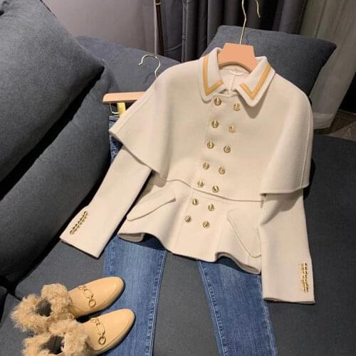 Fashion Design Double-breasted Cloak Short Woolen Coat Women Autumn Winter New All-match Casual White Wool Overcoat Ladies e292