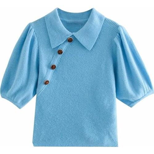 New Pullover T-Shirt Fashion Slim Button Blue Puffy Sleeve Knitted Solid Color Tops Spring Autumn Ladies All-match Short T-Shirt