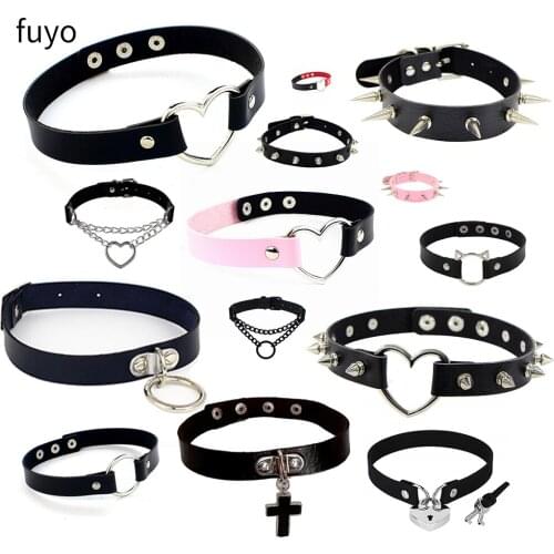 Woman Heart Punk Choker Collar Necklace Pu Leather Neo Gothic Accessories Neck Belt Adjustable Spiked Rivets Party Sexy Jewelry