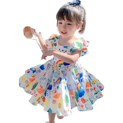 Girls Dress 1-7T Kids Clothes Baby Girl Princess Dresses Toddler Girls Cute Graffiti Backless Dress Summer Childrens Clothing