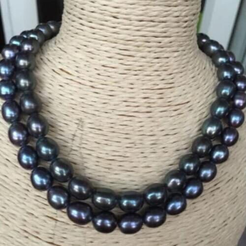 Stunning double strands AAA++ 12-13mm tahitian black green necklace18"925 silver