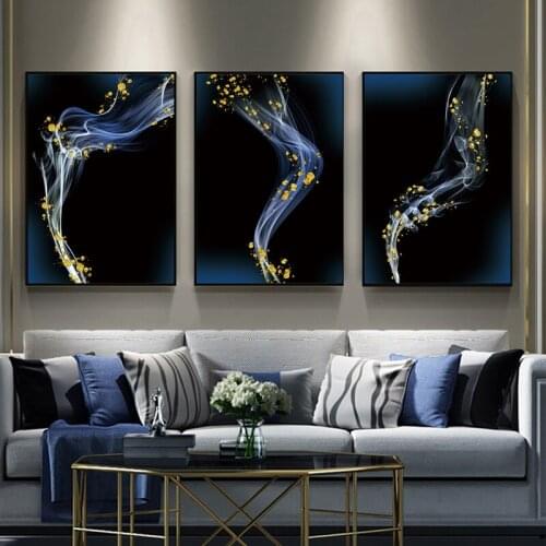 Modern Abstract Blue smoke golden Canvas Paintings Wall Art Pictures Posters and Prints for Living Room Office Home Decor