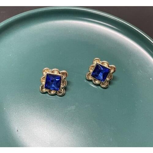 SRCOI European Style Blue Square Rhinestone Earrings Studs Female Geometric Wave Around Crystal Party Earrings For Women Gifts