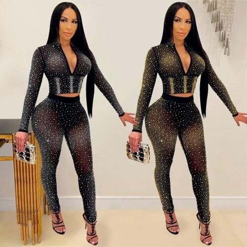 Rhinestone Mesh See Through Two Piece Set For Women Sexy Deep V Neck And Long Skinny Trousers Nightclub Party Bodycon S-XXL