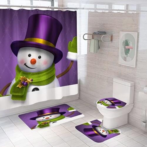 Merry Christmas Pattern Fabric Shower Curtain Purple Magic Snowman Anti-skid Bath Rugs Carpet Toilet Lid Cover Bathroom Curtains
