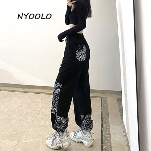 NYOOLO Vintage Streetwear Floral Pattern Patchwork Elastic High Waist Goth Pants Women Clothes Hip Hop Punk Sweatpants Sportwear