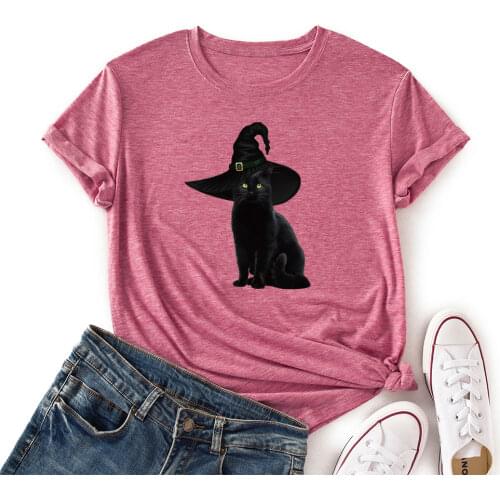 Women Crew Neck Short Sleeve Casual Summer T-shirts Graphic Tee Shirts Tops Female Clothes Halloween Cat Shirts for Woman